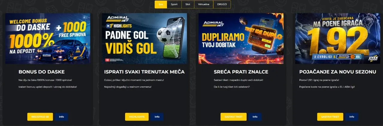 Stranica promocija AdmiralBeta sa osam otvorenih ponuda i filterima po tipu