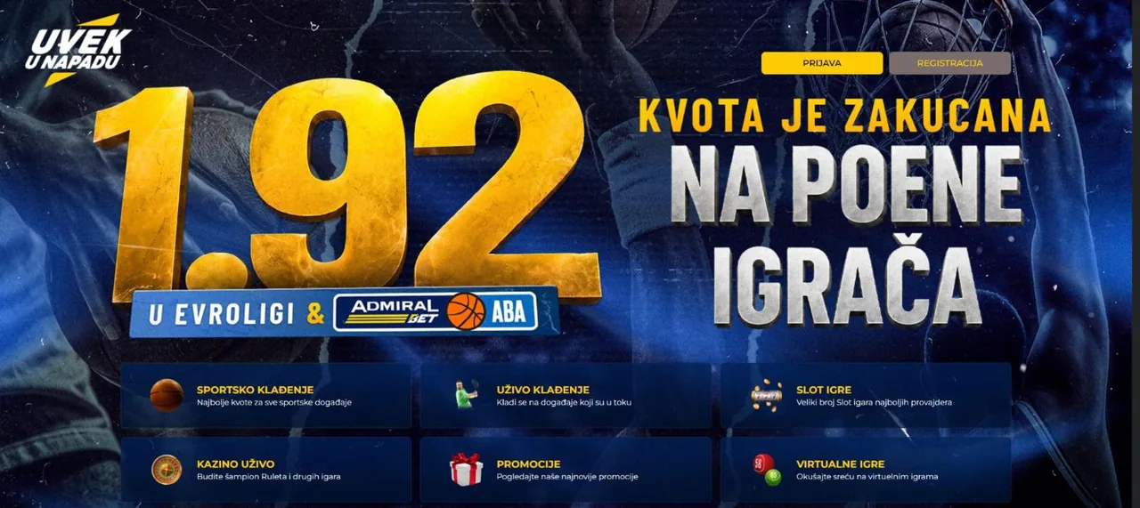 Ulazna strana AdmiralBeta sa sloganom Uvek u napadu i kvotom 1.92 na poene igrača u Evroligi i ABA ligi